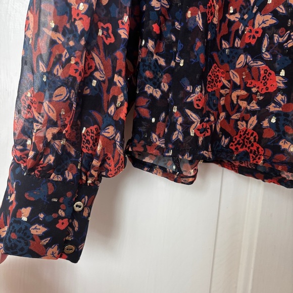 Ulla Johnson Silk Floral Long Sleeve Metallic Edith Blouse Size 2 Small Navy Top - Picture 14 of 16